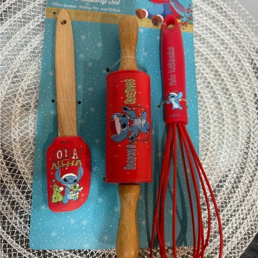 Disney Stitch Christmas Baking Set Spatula, Rolling Pin, Whisk Set of 3 NWT